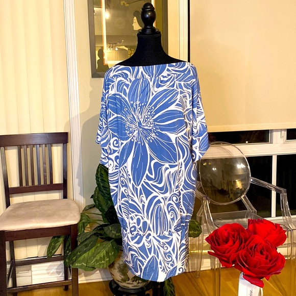 Y2K  Lori M Collection mermaid style dress. Bright blue w/ white floral design. - Picture 2 of 11